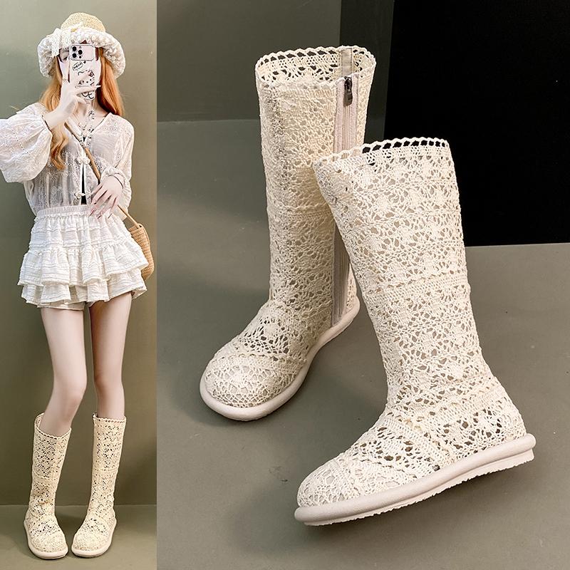 Мода 2025 полые сапоги дышащая обувь модная сетка вязаная линия высокая голень летние женские сапоги до колена труба женская обувь