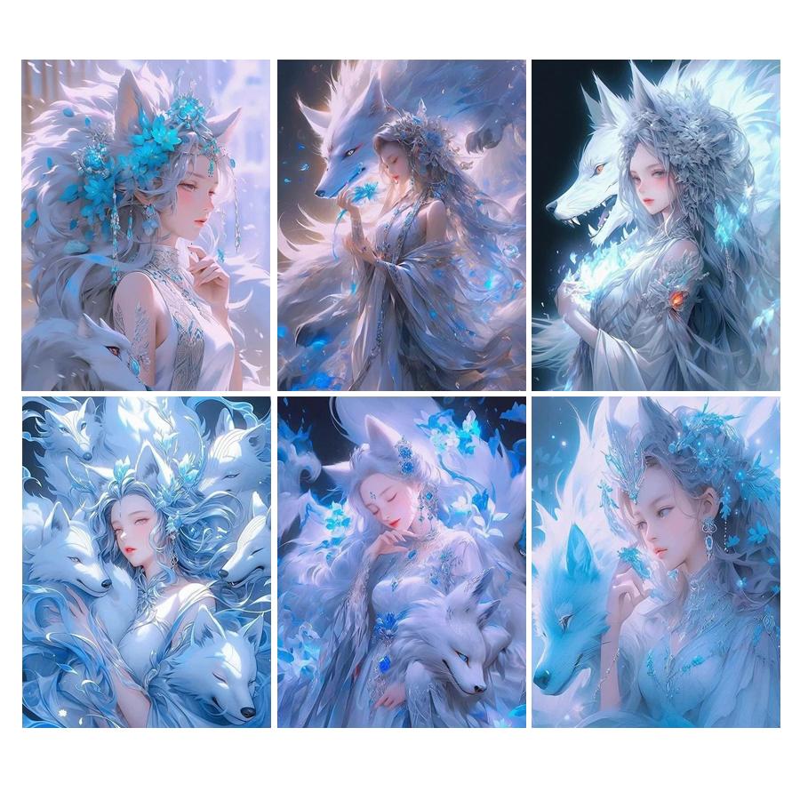 Diamond Painting New Collection Nine Tailed Fox Woman Diy Full Square Round Drill Rhinestone Embroidery Cartoon Elf Animals Mosaic Cross Stitch Kits