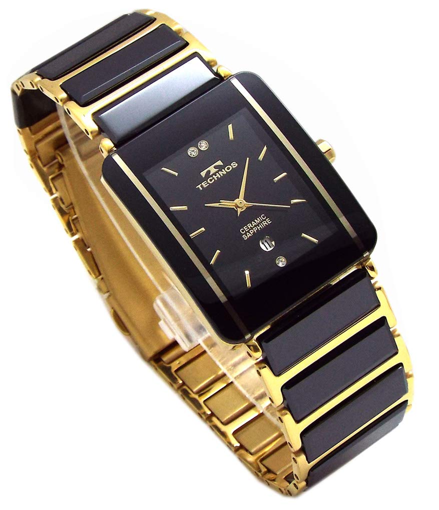 TECHNOS Мужские часы Classic Ceramic Black Dial с браслетом из натуральной кожи TSM903GB-SET