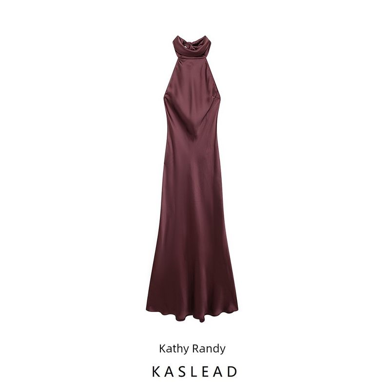 Kaslead New Arrival Women's Clothing Fashion Style Fashion Hanging Collar Silk Satin Texture Length Dress 8739331