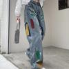 High Street Vintage Color Print Loose Jeans Women 2000s Y2k Straight Casual Wide Leg Pants Ladies Fashion Design Retro Baggy Trousers