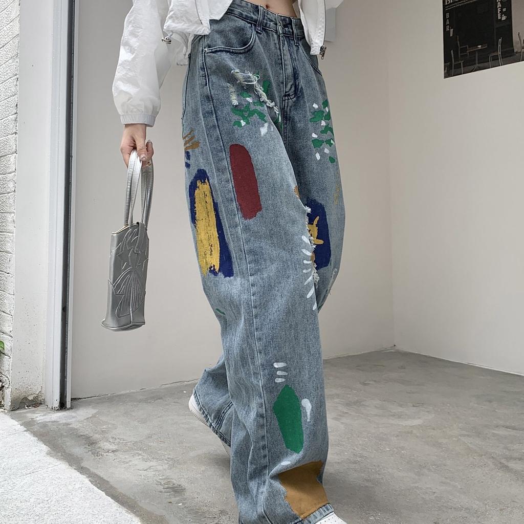 High Street Vintage Color Print Loose Jeans Women 2000s Y2k Straight Casual Wide Leg Pants Ladies Fashion Design Retro Baggy Trousers