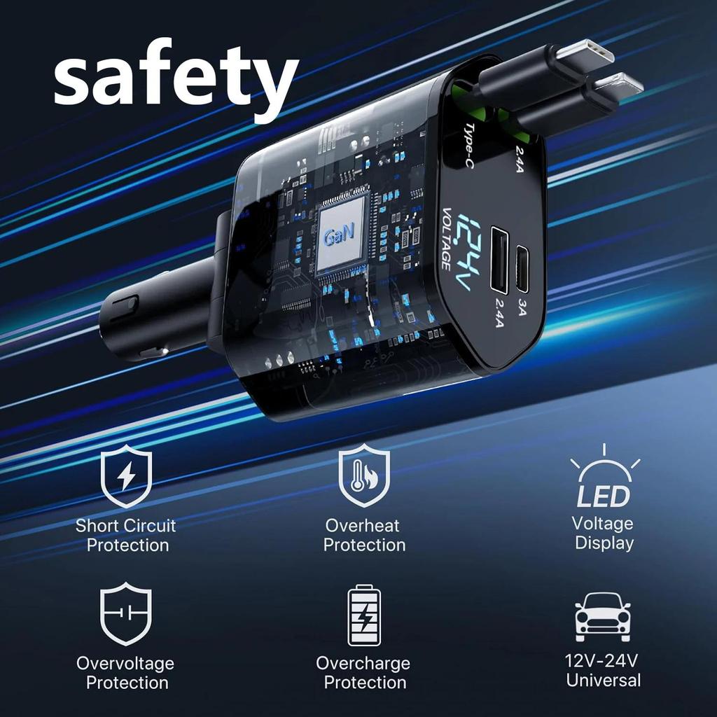 Retractable Car Charger 2 Ports USB Type C Fast Car Charger for iPhone 16 15 14 13 12 Pro Max Samsung