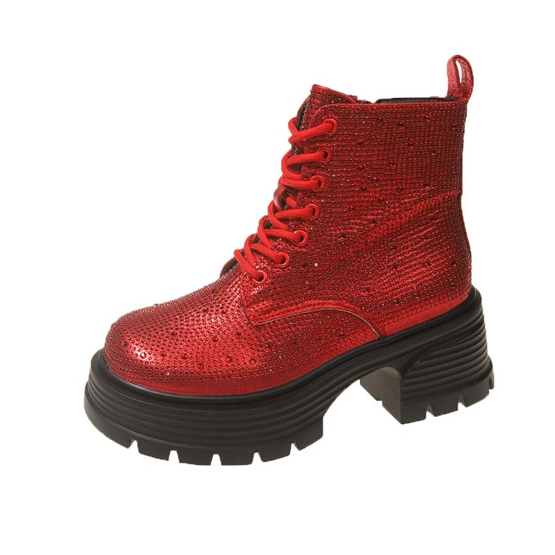 2024 Sequin Diamond Короткие сапоги Женские Осенне-Зимние Британские Модные Сапоги На Высоком Толстом Каблуке Ботинки На Шнуровке Повседневная Обувь Для Вечеринок На Открытом Воздухе