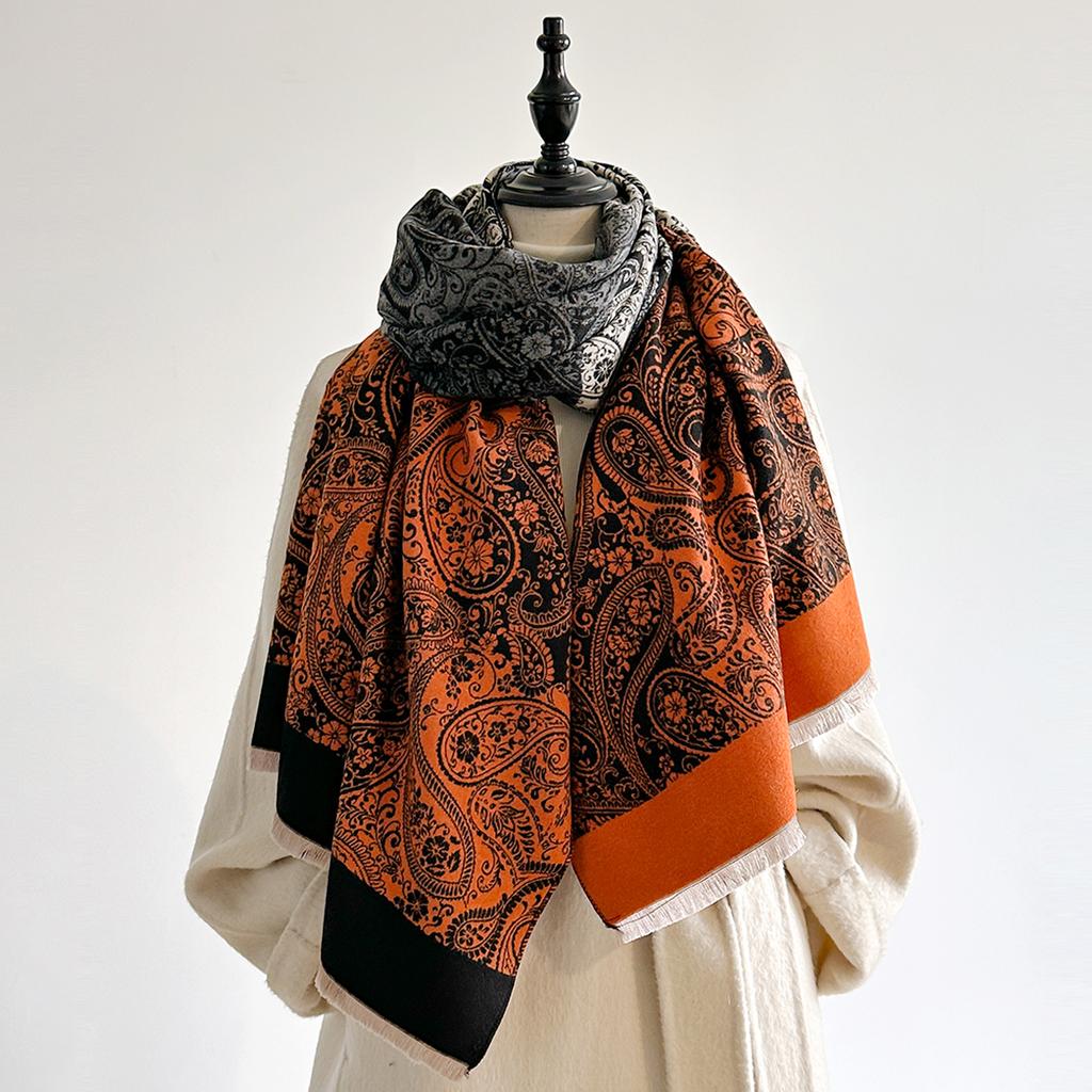 Women's Vintage Floral Print Neckerchief - Tasseled Color-Block Faux Cashmere Scarf, Comfortable Double-Layer Shawl