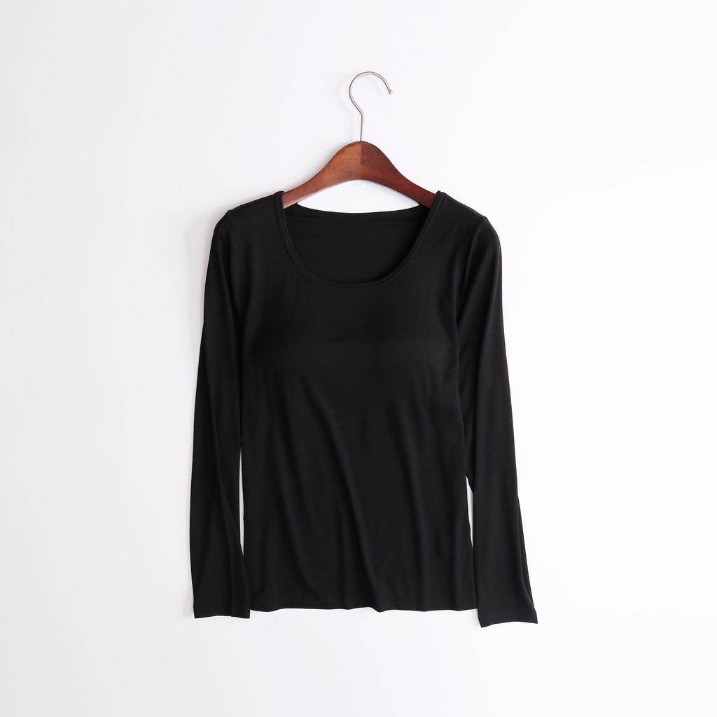 Женский однотонный топ с длинным рукавом и встроенной чашкой бюстгальтера – простой осенне-зимний стиль