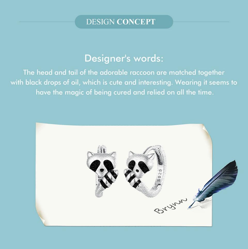 Bisaer Серьги-кольца из стерлингового серебра 925 пробы с живыми ушками енота, черные эмалированные серьги-кольца с животными для женщин, милые ювелирные изделия в подарок