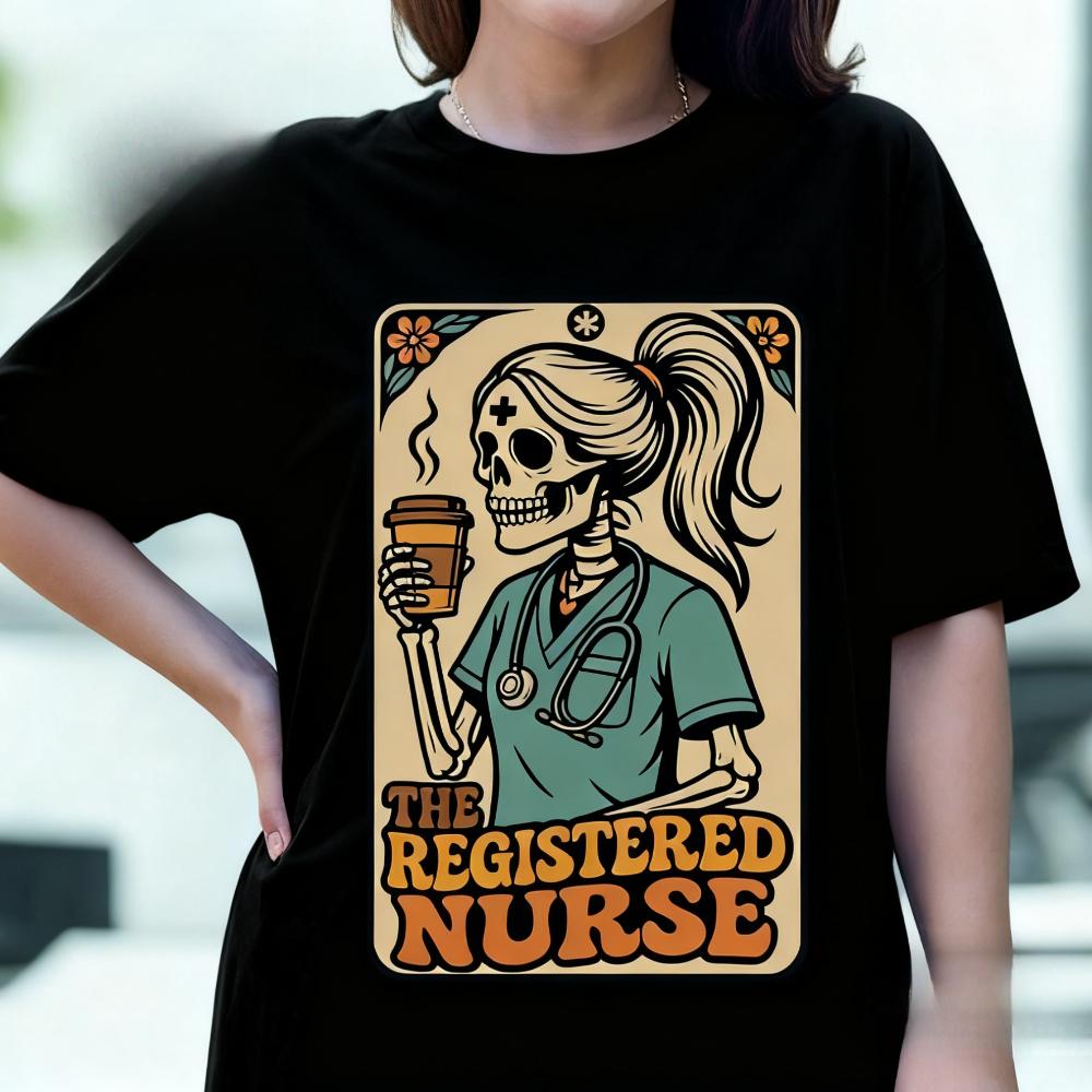 Retro Registered Nurse Shirt Skeleton Coffee Tee Tarot Card Nurse Gift Funny Appreciation Graduation Gift Tshirt Women Casual T