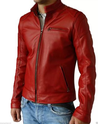 Handmade Stylish RED Men's Leather Jacket Real Lambskin New Casual Motorcycle