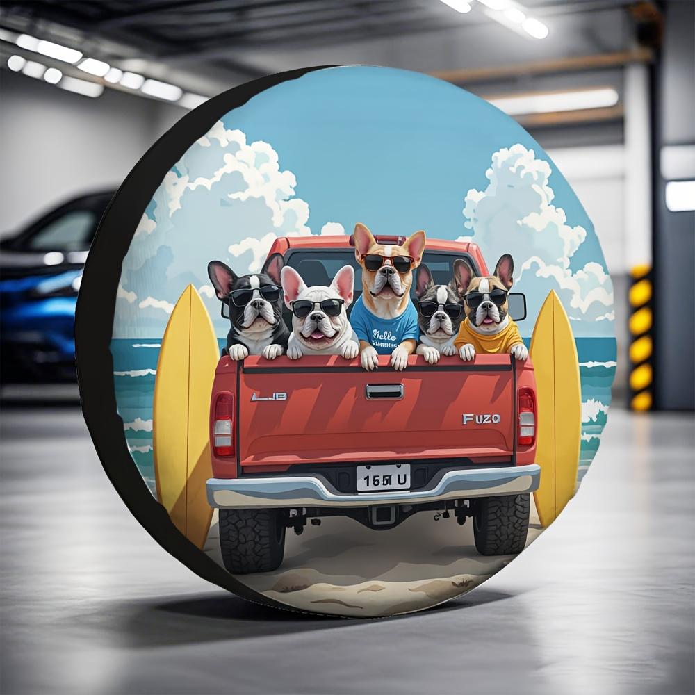 French Bulldog Beach Summer Truck Tire Cover Cute Dog Tailgate RV Spare Wheel Cover Polyester