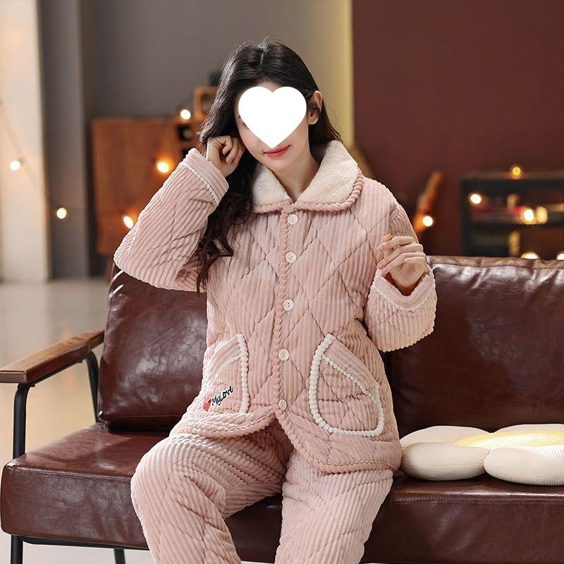 Пижама женская трехслойная утолщенная и милая зимняя можно носить больших размеров теплая стеганая домашняя одежда