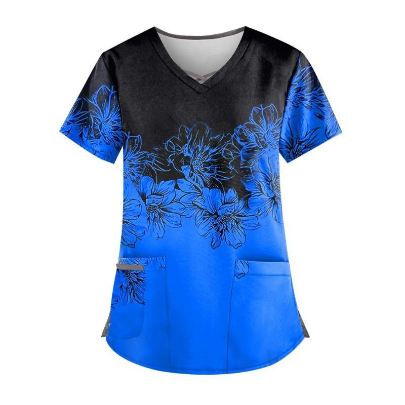 Plus Size Flower Printed Scrub Working Uniform Tops for Women Cross V-Neck Short Sleeve Fun T-Shirts Workwear Tee with Pockets