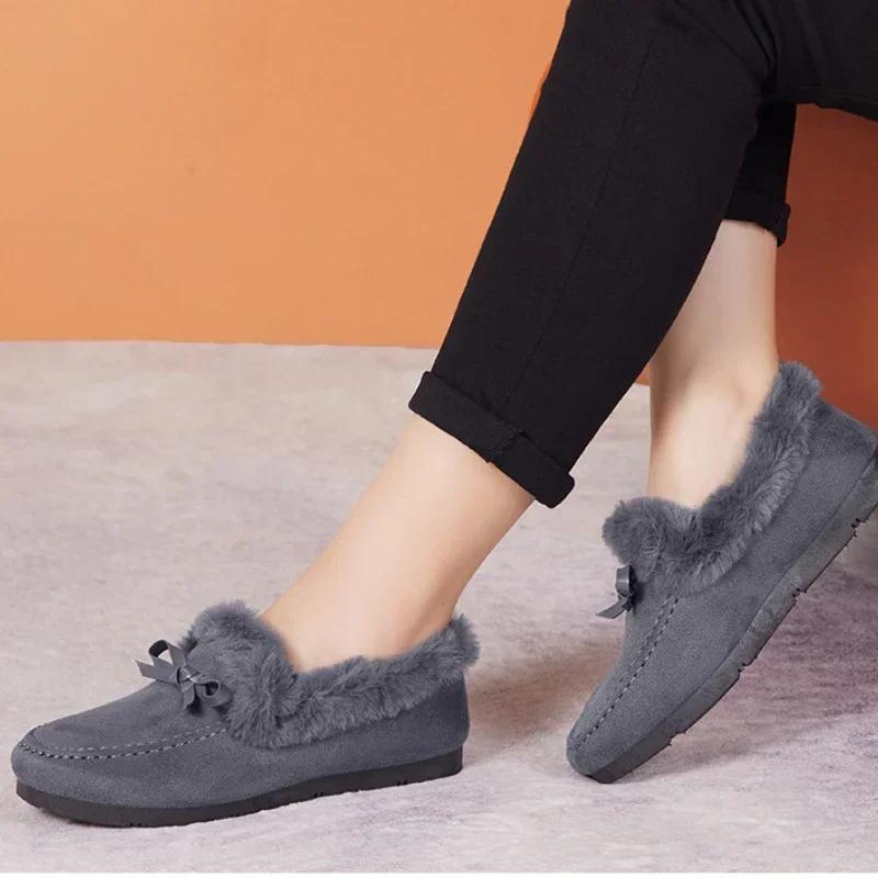 Women Winter Casual Shoes New Moccasins Soft Flat Non-slip Loafers Fashion Comfort Warm Plush Bow Slip On Female Cotton Shoes