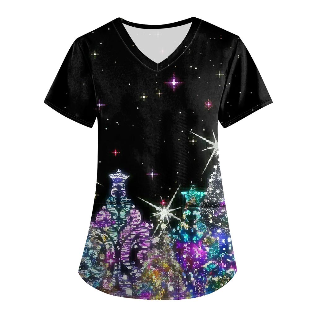 Большой размер Принтованный скраб Рабочая униформа Топы для женских V-образный вырез с запахом Принт Короткий рукав Веселые футболки Рабочая одежда Футболка с карманами