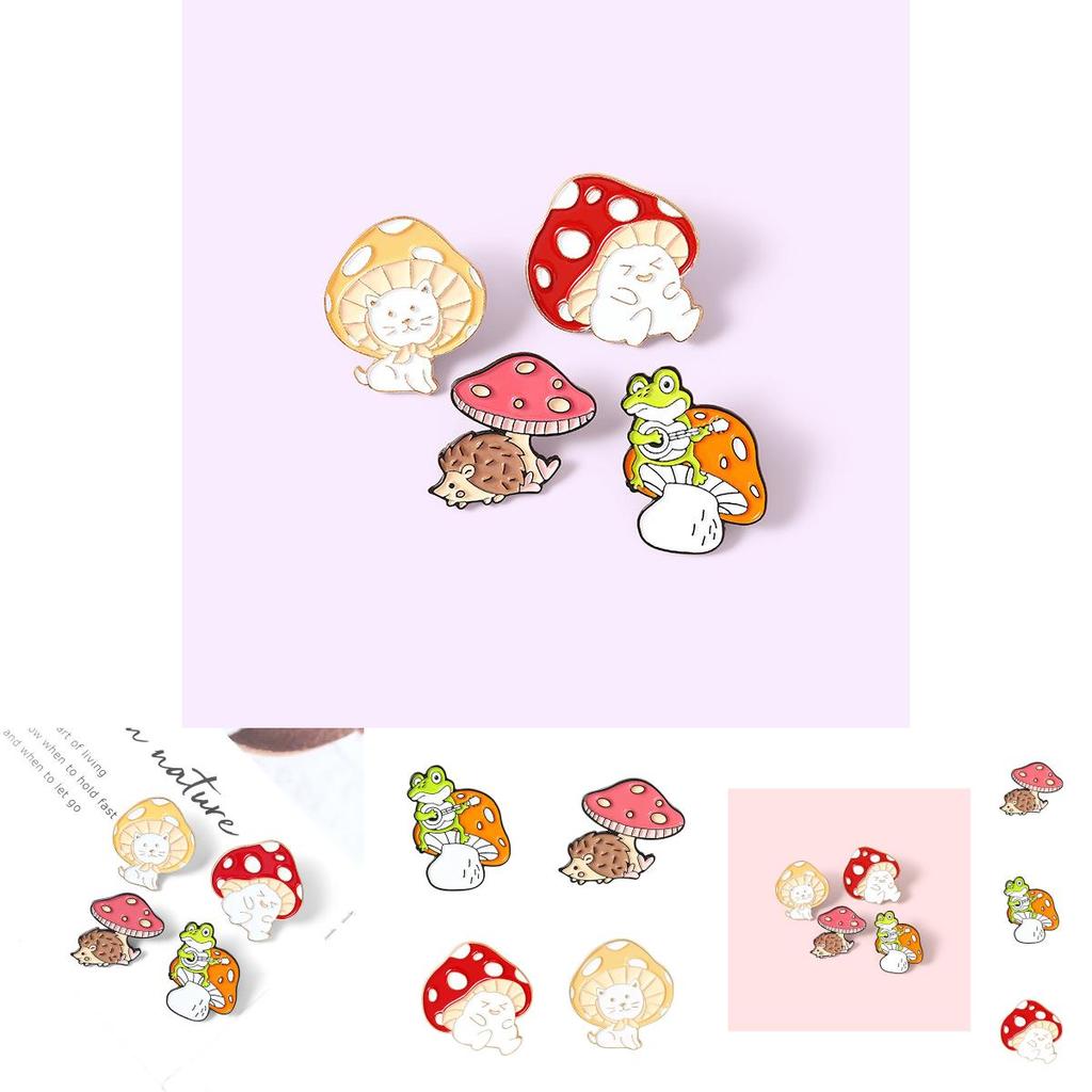 Стильные унисекс мультяшные броши в виде грибов, демонстрирующие восхитительные иконки кошки, ежа и лягушки