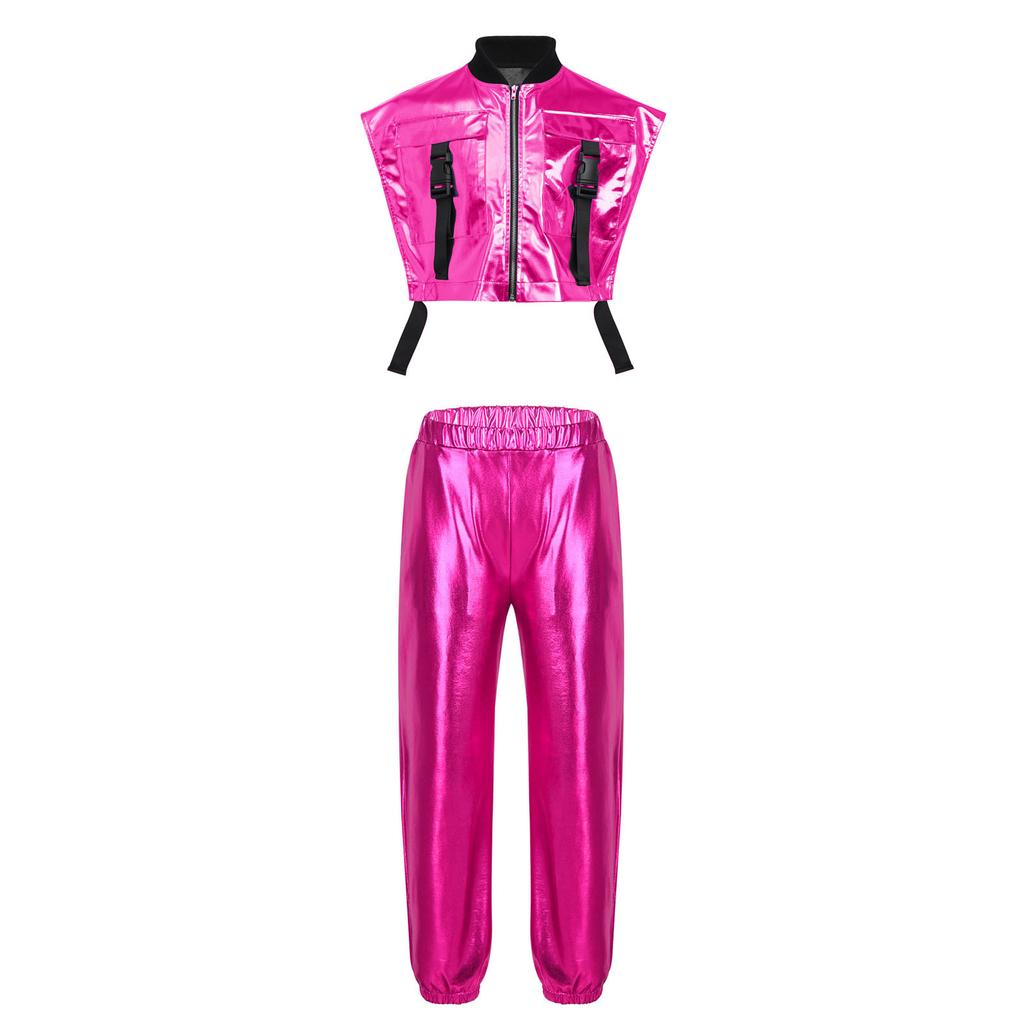 Girls Metallic Vest Jazz Performance Sleeveless Side Zipper Open Shiny Pants Elastic Waistband Dance Set