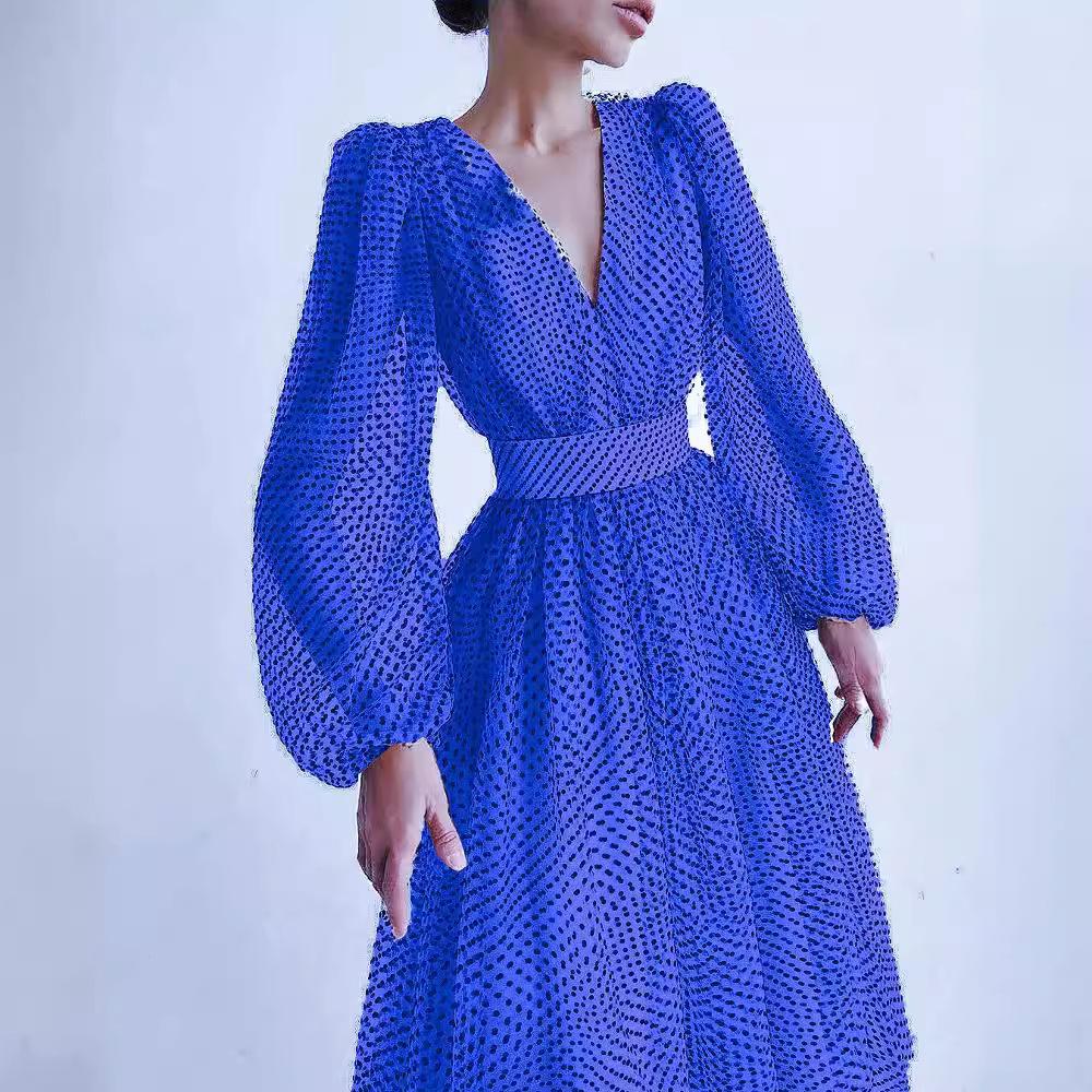 2025 Spring and Summer New Temperament Lady Bubble Sleeve Polka Dot Pendulum Dress