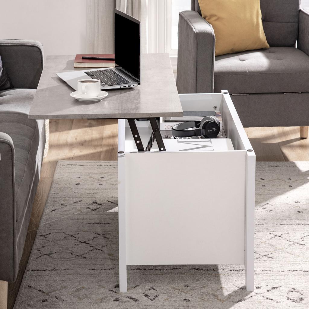 Lift-Top Coffee Table Coffee Table with Lift-Top Surface 2 Open Compartments and Hidden Storage Space 105x50x49 cm White and Marble Effect
