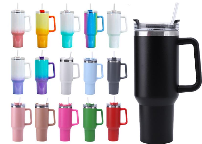 Mother's Day Gift 40oz Stainless Steel Tumblers Handle Straw Double Wall Vacuum Travel Cups Leak-Proof Lid 12-24 Hours