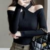 Solid Color Long Sleeve Pullovers Knitted Tops Sexy Off Shoulder Sweater Women Spring Autumn Halter Neck Slim Fit Clothes 28972
