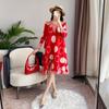 Autumn New Loose A-line Skirt Mid Length Folded Round Neck Polka Dot Printed Mom's Dress High End Women's Dress