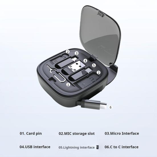 Адаптер для кабеля передачи данных с USB-разъемом 8-контактным для Android-конвертера, гнездами для извлечения SIM-карты, выдвижным чехлом для кабеля зарядки Type-C мощностью 60 Вт