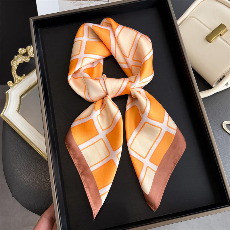 Luxury Block Printed Designer 70Cm Square Silk Women'S Scarf Satin Scarves Fashion Shawl Headscarf Headband Bandana Hijab Wrap
