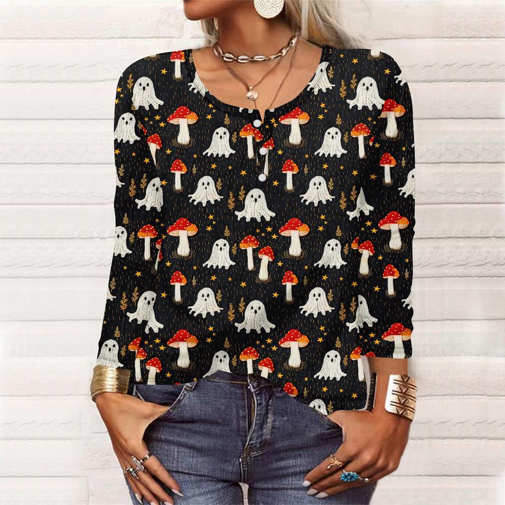 Long Sleeve Shirts For Women Halloween Pattern Print Graphic Tees Blouses Casual Plus Size Basic Tops Pullover
