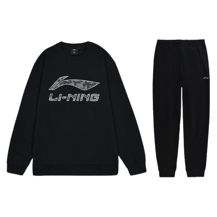 Li-Ning Letter Logo Print Crew Neck Pullover Fleece Sports Sweatpants And Hoodie Set Men Sweatpants And Hoodie Black AWDTC71-1+AKLSC99-1
