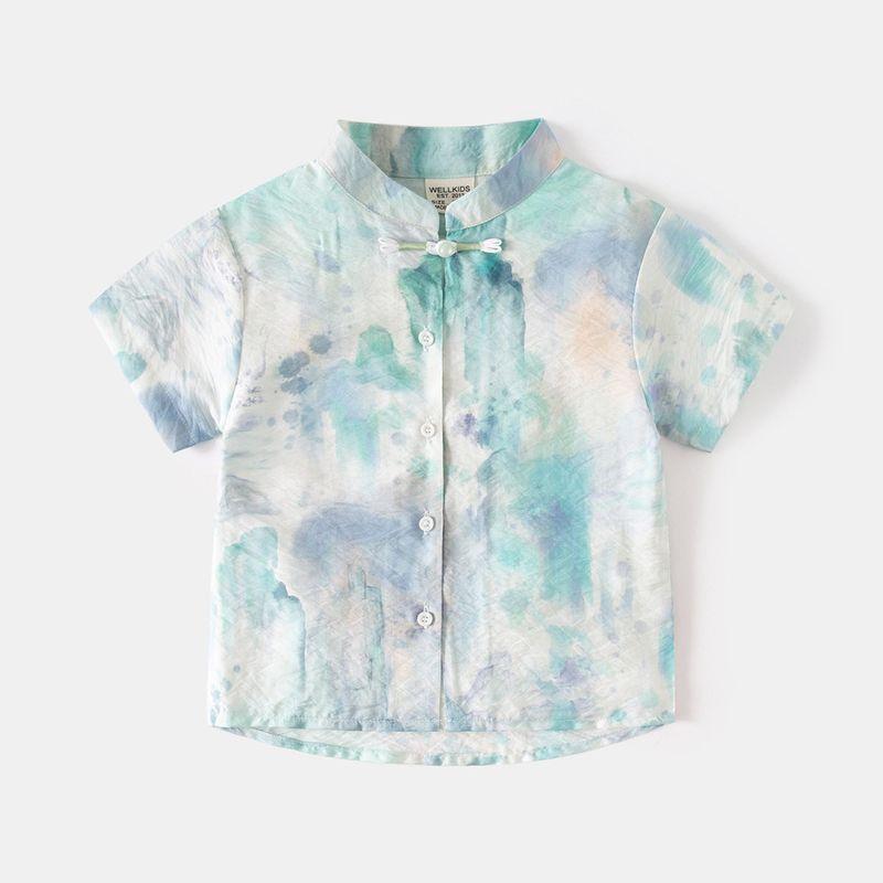 Boys' Chinese Style Short Sleeve Shirt Children's Summer Clothing Baby Stand Collar Shirt Kids Frog Button Floral Print Casual Tops