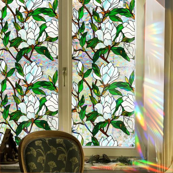 Flower Window Privacy Film Double-sided Stained Glass Rainbow Window Film Sun Blocking Static Covering Cling Sticker PVC Window Door Decorative