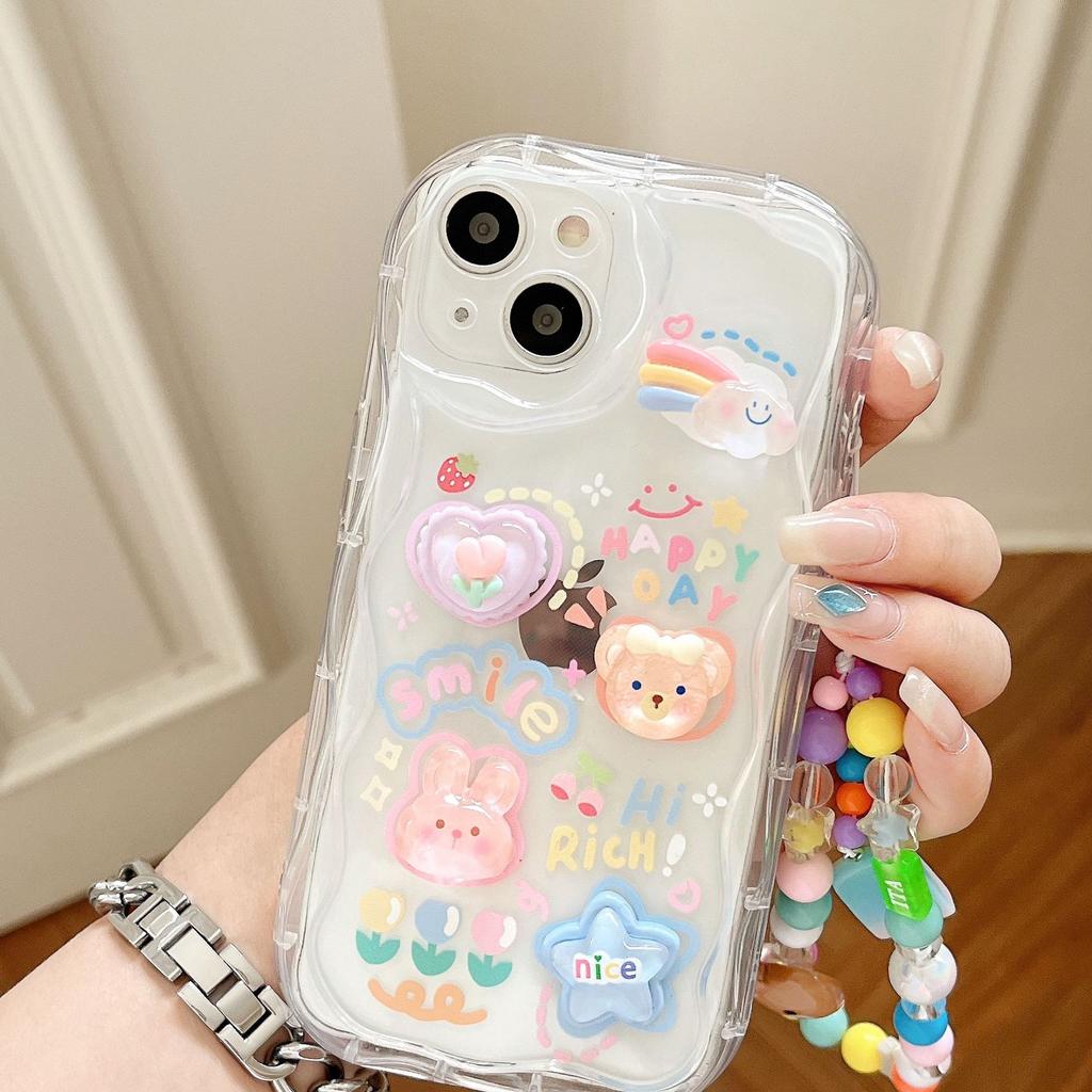 Cute Three-dimensional Bear and Rabbit Suitable for Apple 16 Transparent Mobile Phone Case IP14PRO Soft Shell Bell Pendant Bracelet