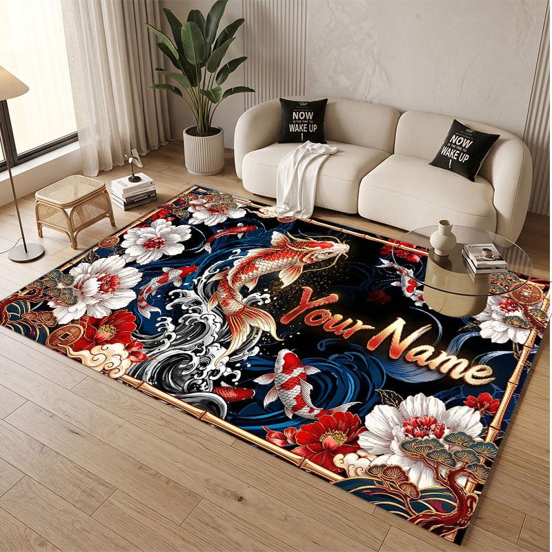 Koi Fish Theme Soft Crystal Velvet Rug Custom Name & Text Print Non Slip Floor Rug for Bedroom Living Room