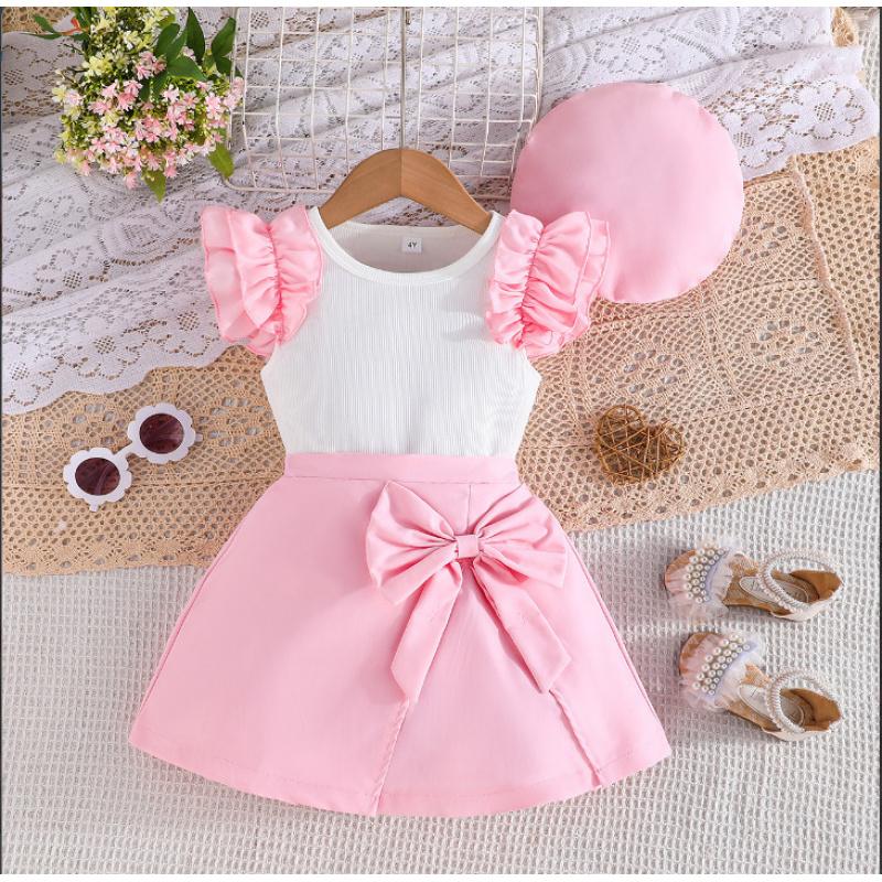 Новый комплект для девочек: топ с короткими рукавами-крылышками и бантом + короткая юбка + шляпа. Милый модный комплект