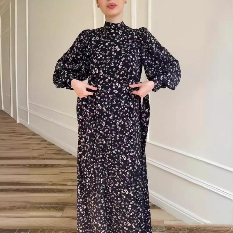 Gentle Loose Tie Floral Satin Long Sleeve Long Dresses