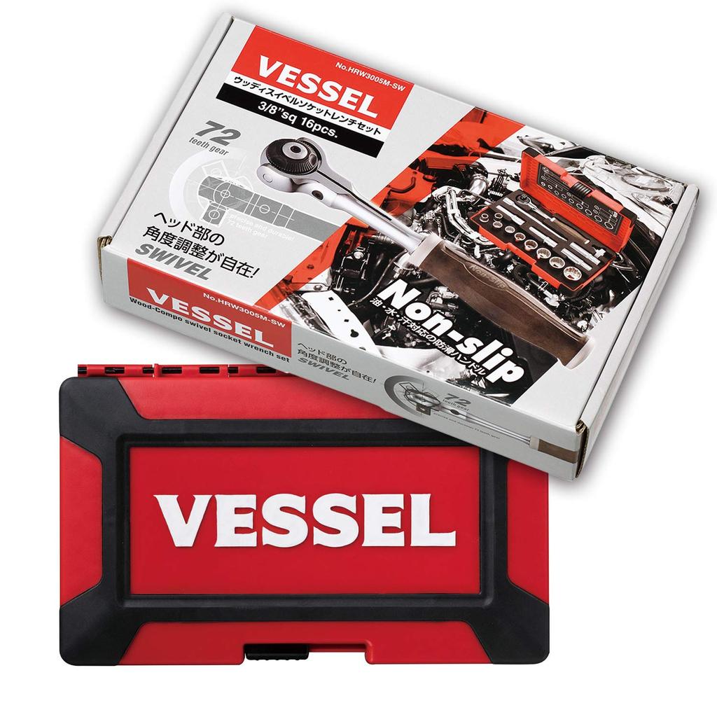 VESSEL Набор торцевых ключей с поворотным креплением 3/8" - Wood-Compo HRW3005M-SW с нескользящей ручкой (16 шт.)
