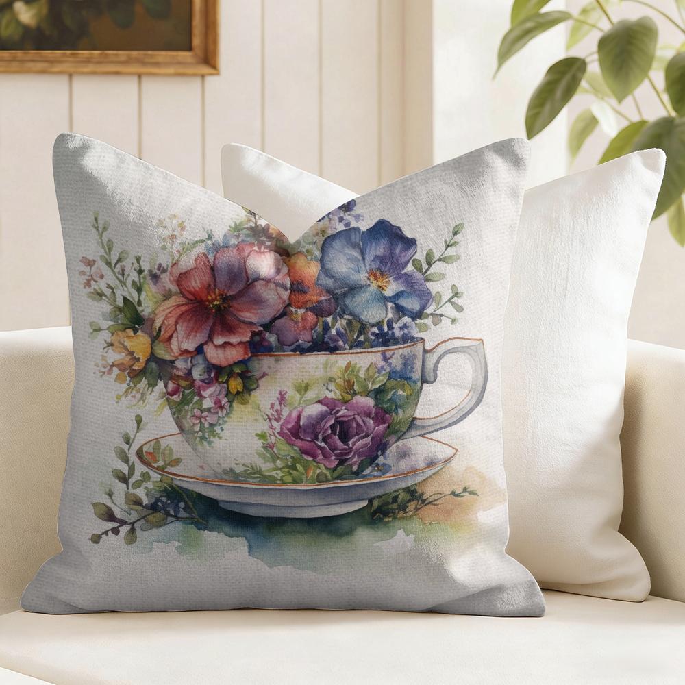 Painting Cup of Flowers Cushion Cover Summer Linen Pillow Case Organic Fabric Cushion Cover DoubleSided Print Sofa Home Decor