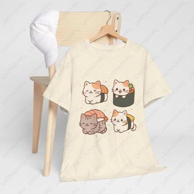 Смешная Кавайная Кошка Нигири Унисекс Хлопковая Футболка для Взрослых Милые Коты Гурманы Суши Подарок Китти Кошачий Графический Простой Однотонный Топ с Принтом
