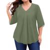Женская мода Большой размер Однотонный топ с V-образным вырезом и рукавом три четверти