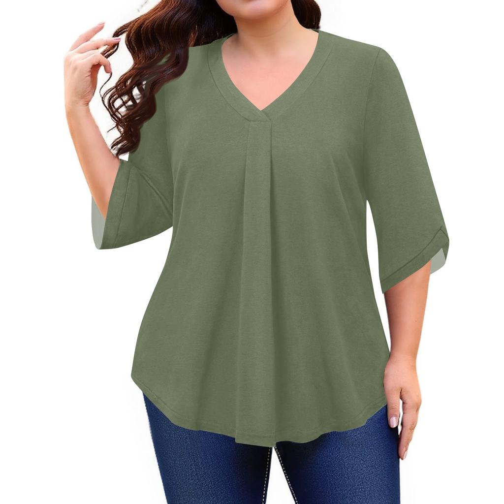 Женская мода Большой размер Однотонный топ с V-образным вырезом и рукавом три четверти