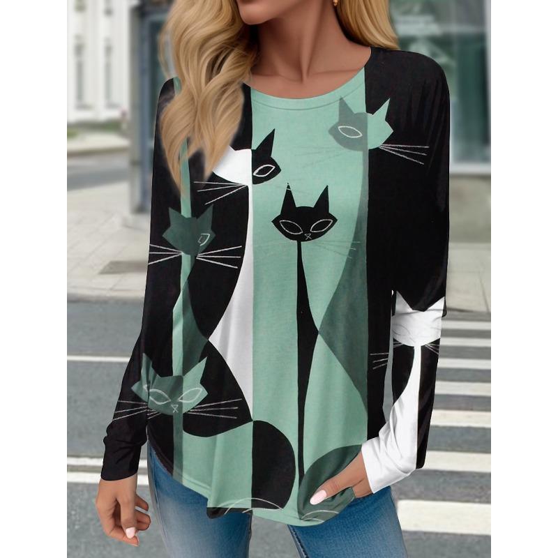 Women's T Shirts 3D Print Art Design Cat Pattern Long Sleeve Daily Weekend Fashion Funny Round Neck Regular Fit Spring Fall