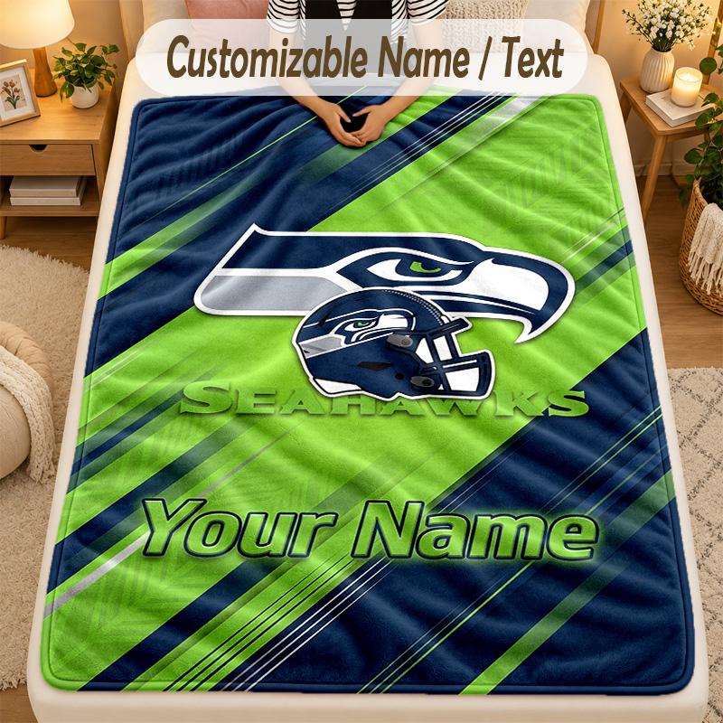 Flannel BlanketSeattle Seahawks Custom Name Text Personalized Soft Warm Throw Blanket Home Decor Gift