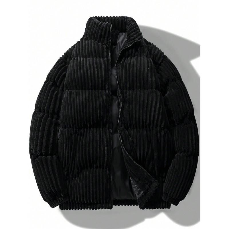 Mens Oversized Streetwear Cotton Padded Jacket Stand Collar Zip Front Solid Color Corduroy Coat Winter Casual