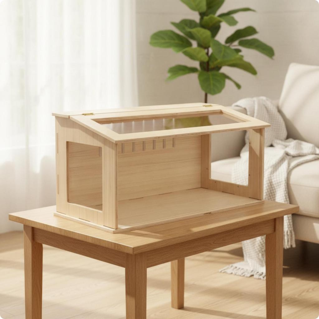 Ventilated Small Pet Habitat with Natural Wood Construction and Viewing Panels