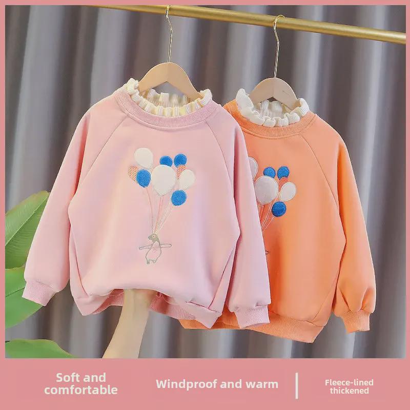 Girls' Short Sleeve Velvet Sweatshirt - Thickened Autumn/Winter 2023 Trendy Bottoming Top for Medium and Large Children.