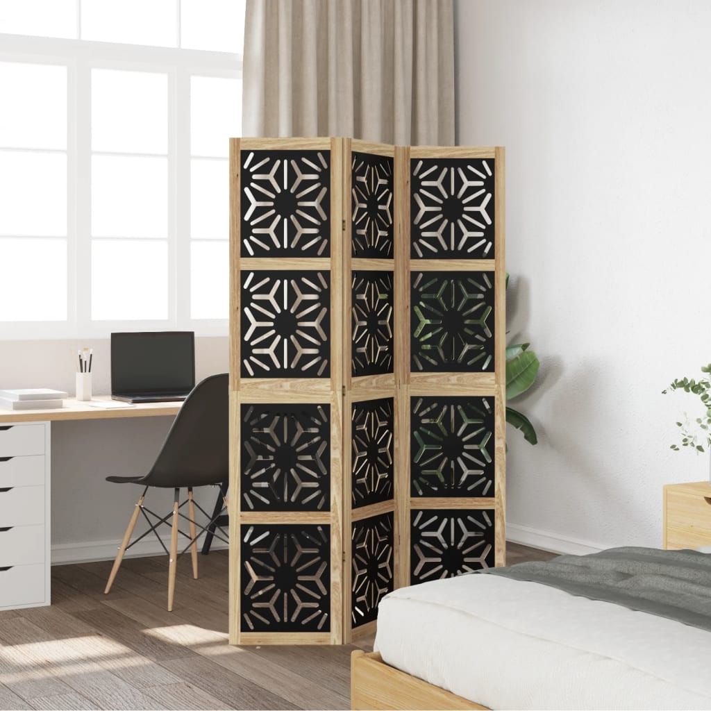 3 Piece Room Divider in Brown and Black Solid Paulownia Wood