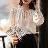 Delicate Silky Acetate Material Chinese Style Jacquard Round Neck Long Sleeve Small Top for Women