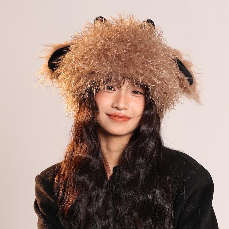 Cute Funny Little Lamb Plush Hat for Women In Autumn and Winter Warm and Cold Knitted Hat Showing Face with Little Sweet Fisherman Pullover Hat