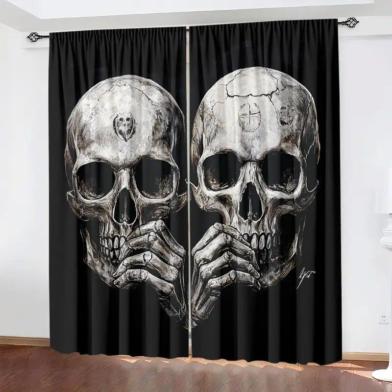 2 Pieces of High-definition Digital Black Skull Print Curtains, Pole Bag Home Decoration, Room Decoration