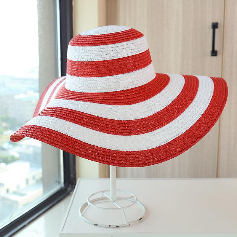 New Women's Beach Straw Hats Girls Outdoor Striped Patchwork Straw Sun Hats Visor New Summer Adult Flap Large Brim Cap Gorras